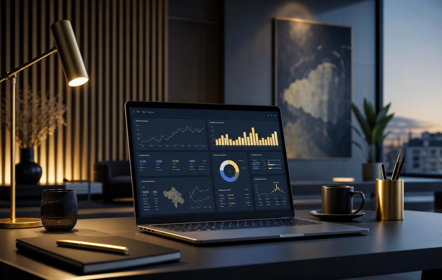 Professionele Google Ads dashboard-visual met navy en gold tinten